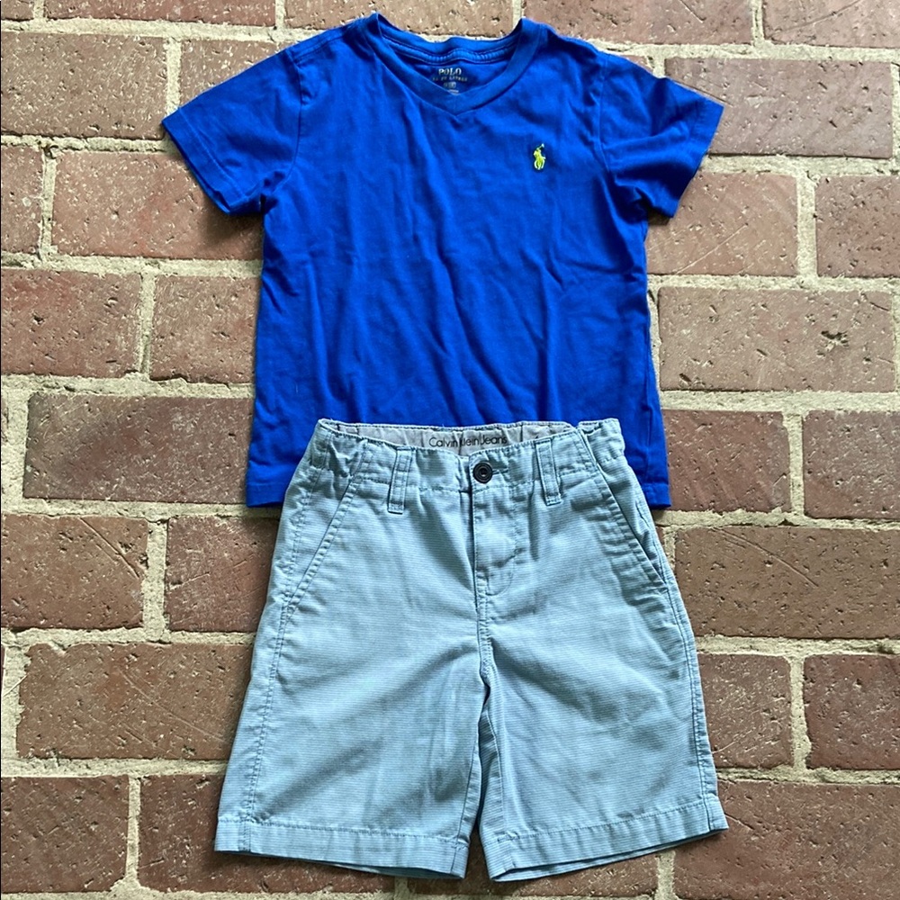 Polo by Ralph Lauren Blue T Shirt and Calvin Klein  Blue Thin Striped Shorts